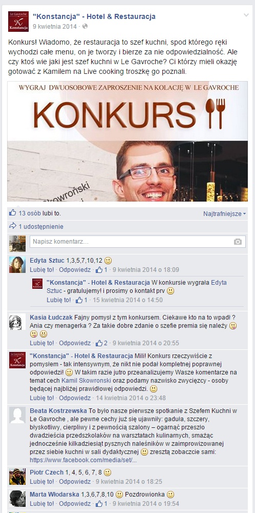 prowadzenie facebooka restauracja konkursy